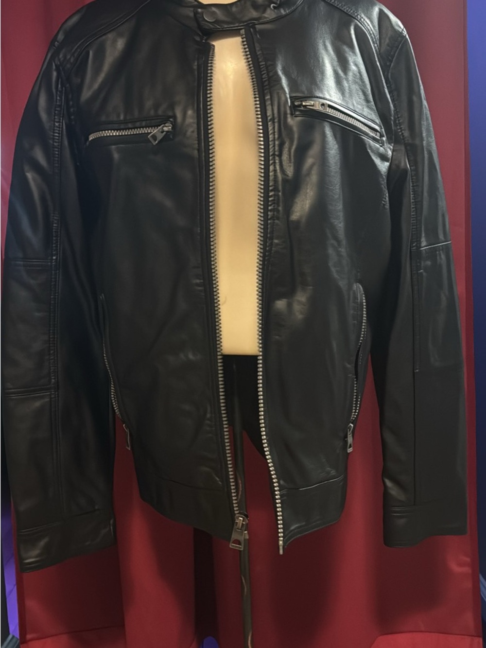 GUESS Men's Black Leather Bomber Jacket with Silver Zippers